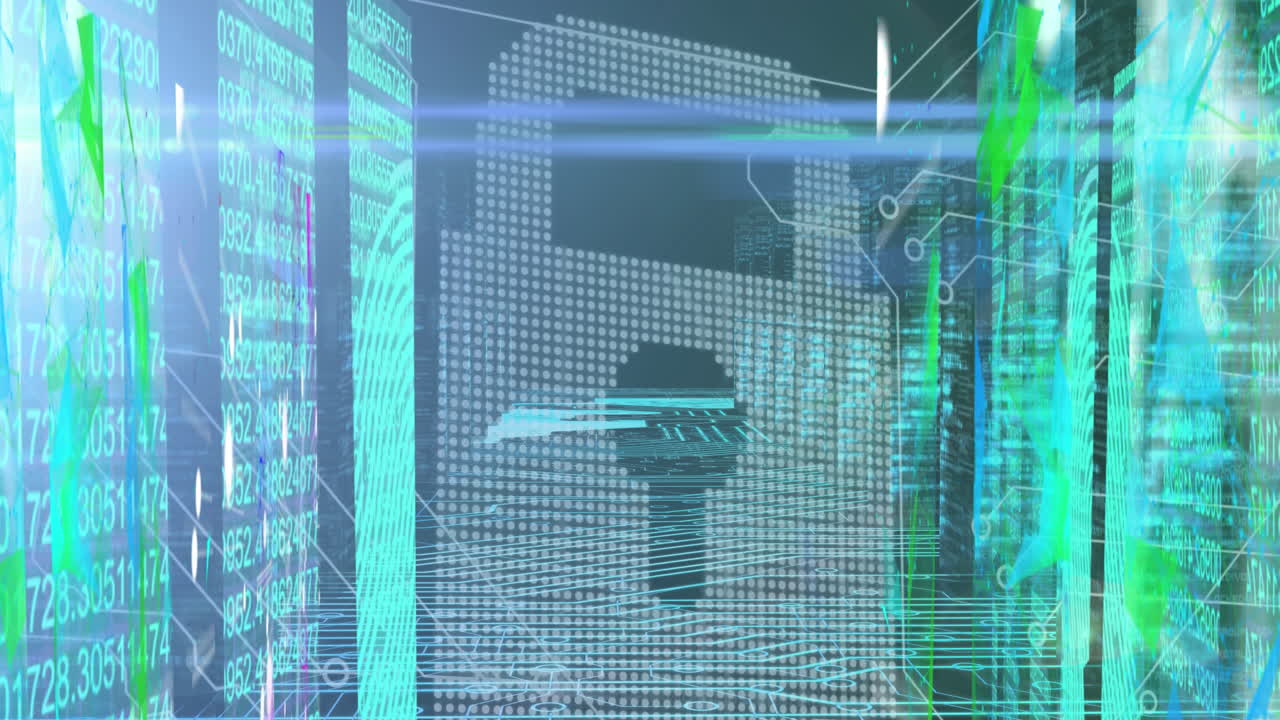 Animation of online security padlock with data processing in background