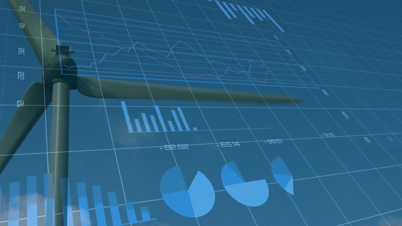 Wind turbine rotating in flat design, showing digital overlays with charts and data