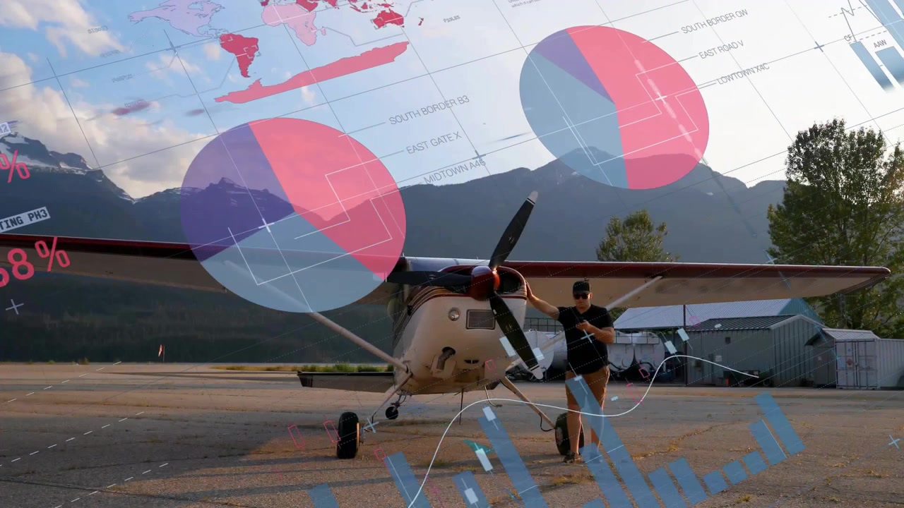 Pilota che tocca lo smartphone su un aereo a elica attivando una sovrapposizione di dati che si fonde nel cruscotto