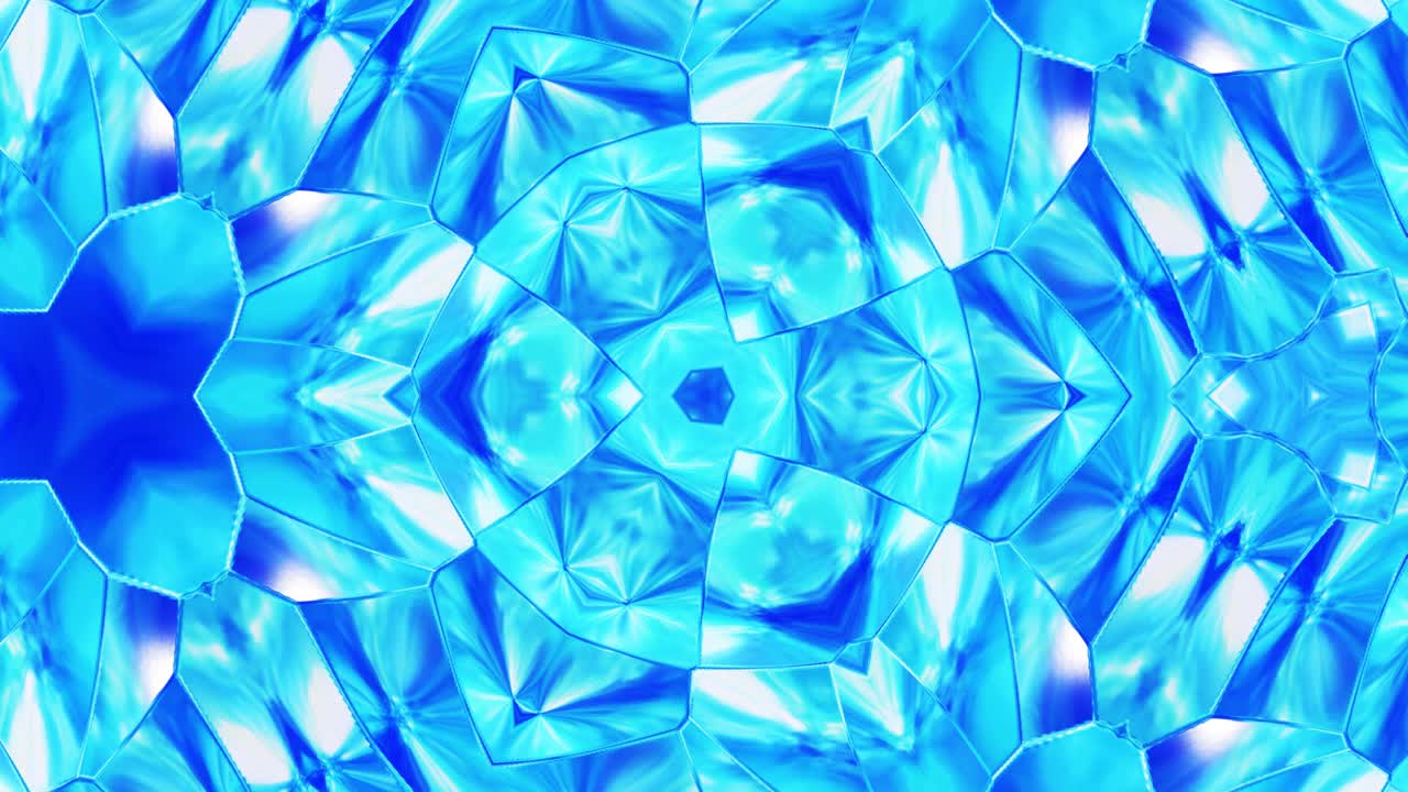 물결과 함께 칼레도스코프와 같은 액체 대칭 파란색 패턴 3d 스타일리시 루프 추상 bg, 아름다운 그라디언트 색으로 화려한 액체 유리의 파란색 구조.