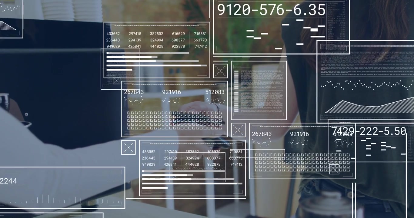 Woman tapping phone at cafe counter, cashier holding terminal causing HUD panels processing payment