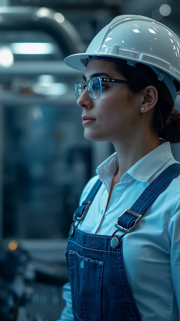 Vertical video: Seeing lights tech leaning and checking plant gear for safety hard hat, copy space