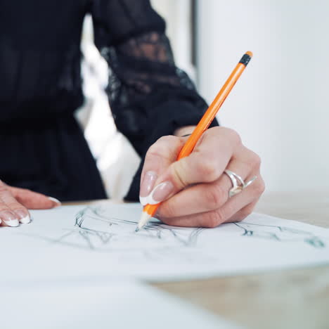 process of drawing a sketch of a model dress on paper by female tailor. professional designer draws with a pencil on the table in atelier.