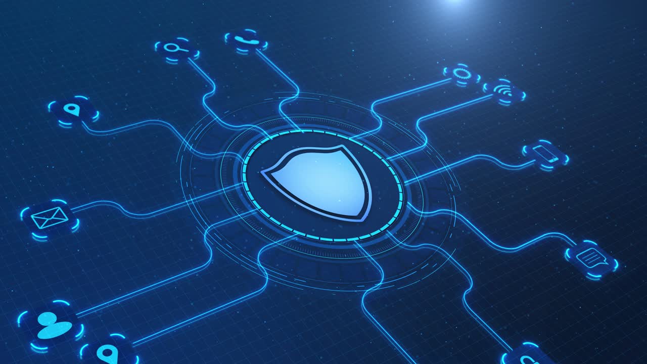 Human hand click on cybersecurity shield icon protecting connected digital service network security