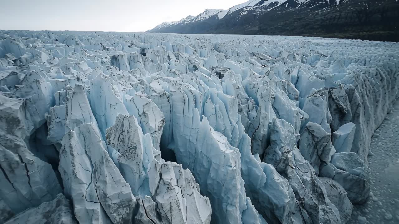 Gliding drone capturing fractured glacier seracs and crevasses over glacial lagoon, showing ridge