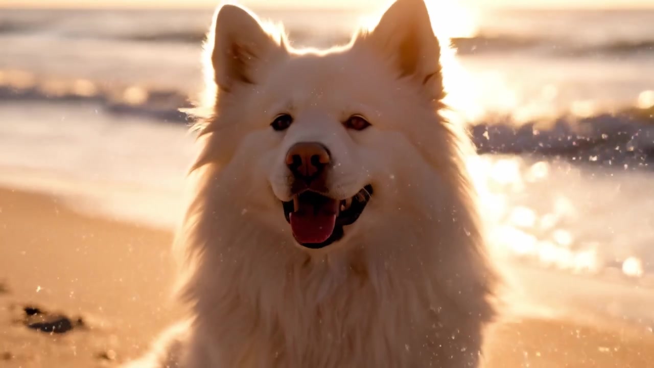 Dalgaların nazikçe kıyıya vurduğu sahilde, altın saatlerin tadını çıkaran, neşe ve huzur saçan güzel bir Samoyed köpeği.