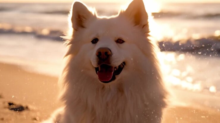 Un bellissimo cane Samoiedo che si gode l'ora d'oro sulla spiaggia, irradiando gioia e serenità mentre le onde accarezzano dolcemente la riva
