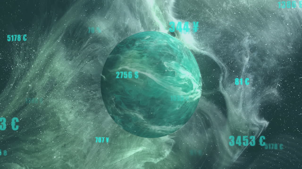 анимация чисел и обработка данных на земном шаре на темном фоне