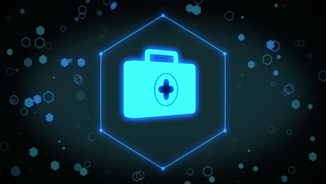 animation of medical kit icon over hexagons on black background