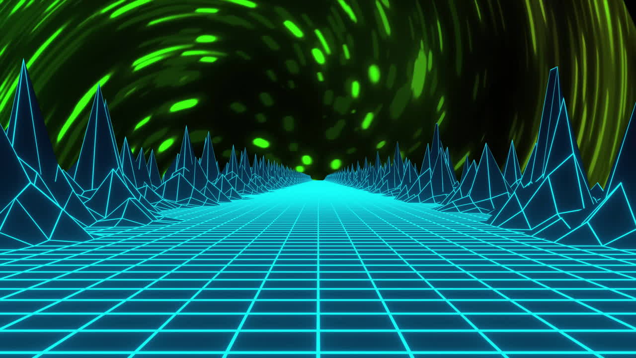 paisaje de cuadrícula de neón con animación giratoria verde en el fondo