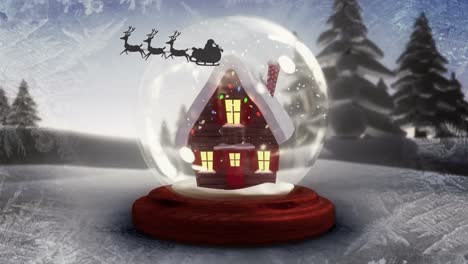 Animación-De-Santa-Claus-En-Trineo-Con-Renos,-Globo-De-Nieve-Y-Paisaje-Invernal