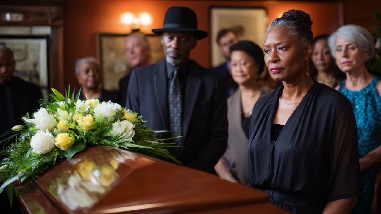 A somber gathering of family and friends united in their shared sorrow, as they mourn the loss of a loved one, standing before a beautifully adorned casket filled with white and yellow flowers, honoring their memory