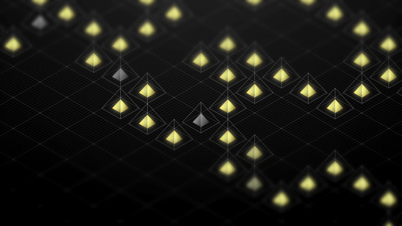 추상 3d 이소메트릭 가상 와이어 프레임 사각형 피라미드와 사각형 메쉬 패턴 일러스트레이션, 블록체인 기술 개념 디자인, 검은색 배경, 원활한 루핑 애니메이션