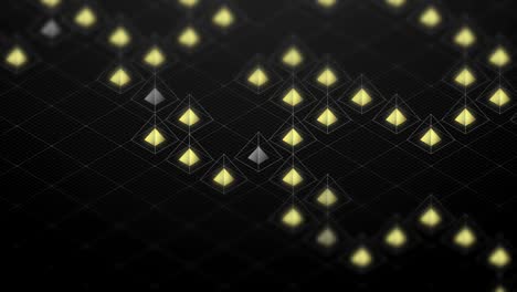 abstract 3d isométrico virtual wireframe pirámide cuadrada y núcleo amarillo con ilustración de patrón de malla cuadrada, diseño de concepto de tecnología blockchain en fondo negro, animación de bucle sin costuras 4k