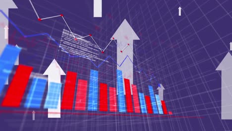 Animation-of-arrows,-changing-financial-data-and-graphs-over-violet-background