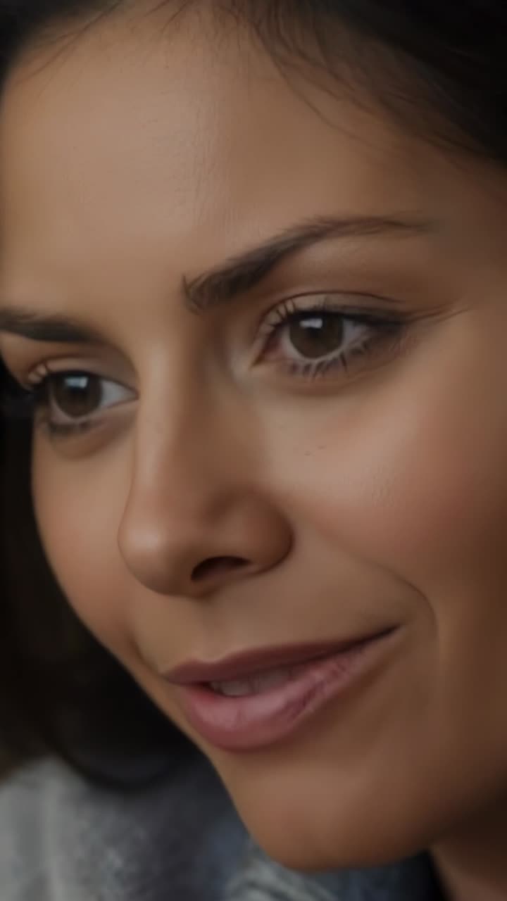 Vertical video: Shifting adult woman tracking off-camera cue and speaking in studio, with light top