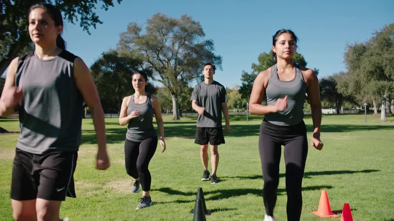 Cuatro atletas haciendo zancadas hacia adelante con conos para un ejercicio de agilidad en un parque, vistiendo tops grises.