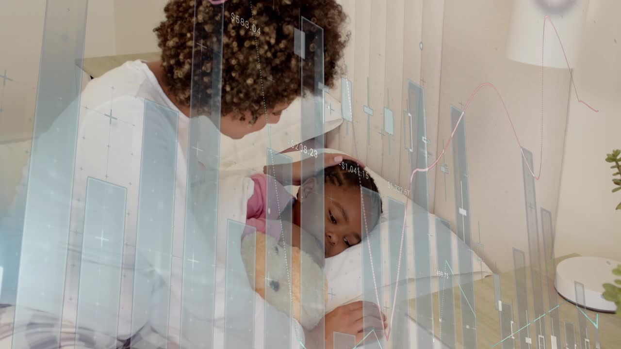 Mom leaning over calming girl holding toy, adjusting pillow, checking head as finance chart moving