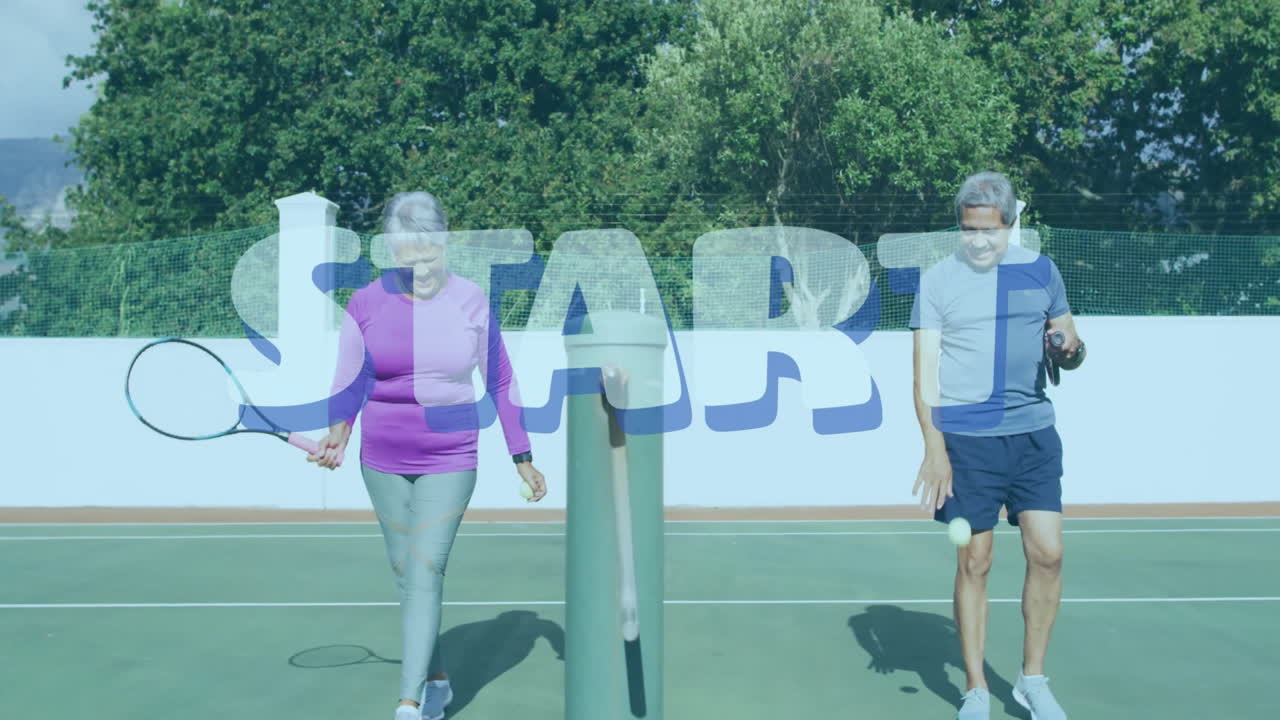 senior couple walking on tennis court holding rackets near ball hopper, with animated health icons