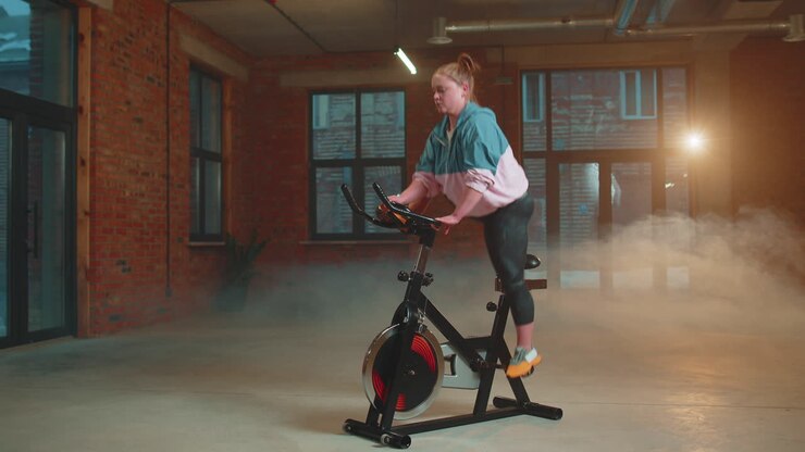 Athletic woman riding on spinning stationary bike training routine in haze gym, weight loss indoors