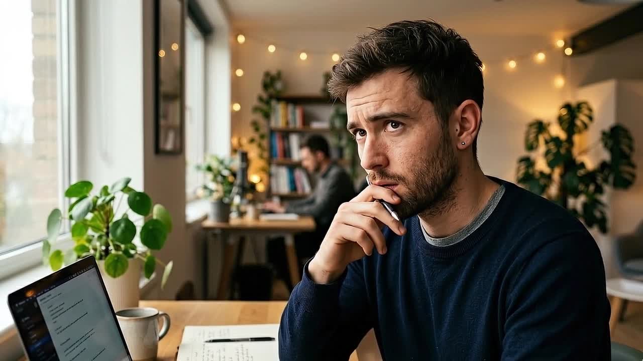 Man in sweater holding pen to mouth while looking at laptop screen and reviewing notes at desk