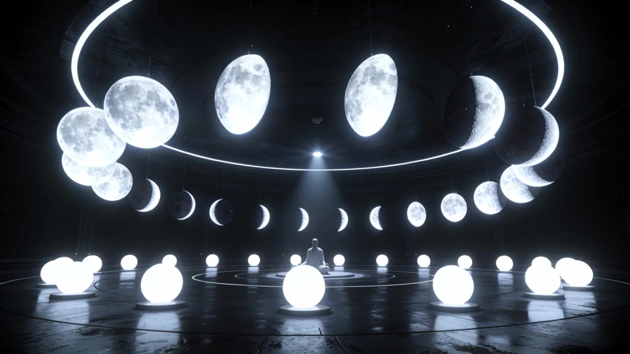 Sitting robed person sensing shifting moons causing pulsing floor spheres on stage, evoking ritual