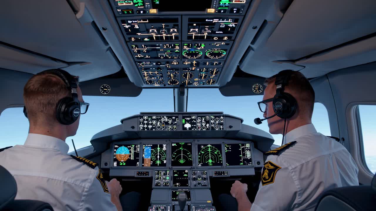 A cockpit view from behind two pilots, showcasing a modern airplane's controls