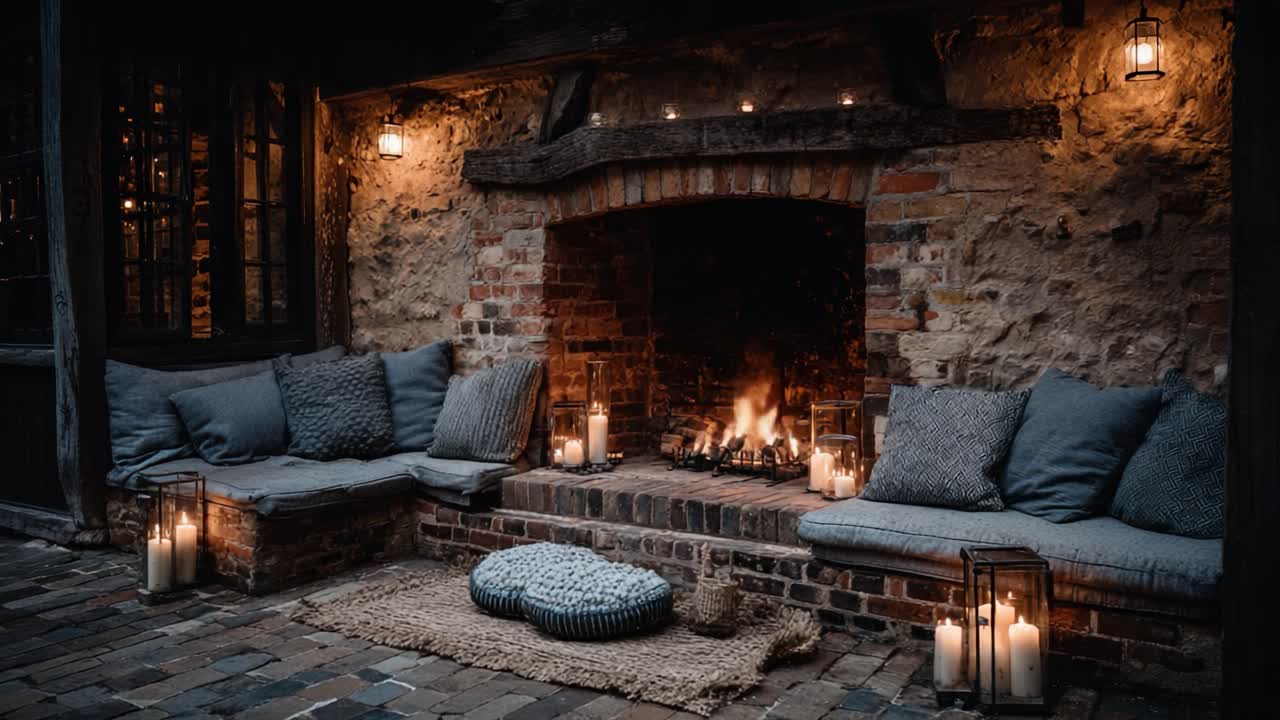 A Cozy and Inviting Outdoor Fireplace Setting with Soft Cushions, Flickering Candles, and a Crackling Fire, Perfect for Relaxation and Gatherings in a Serene Atmosphere