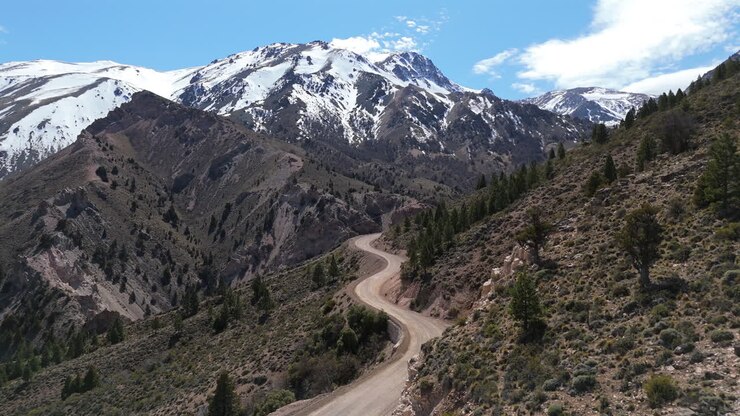 Drone flyover of mountain dirt road near Esquel town, south Argentina, with pines and majestic snowed peaks in back. 4K-60fps.