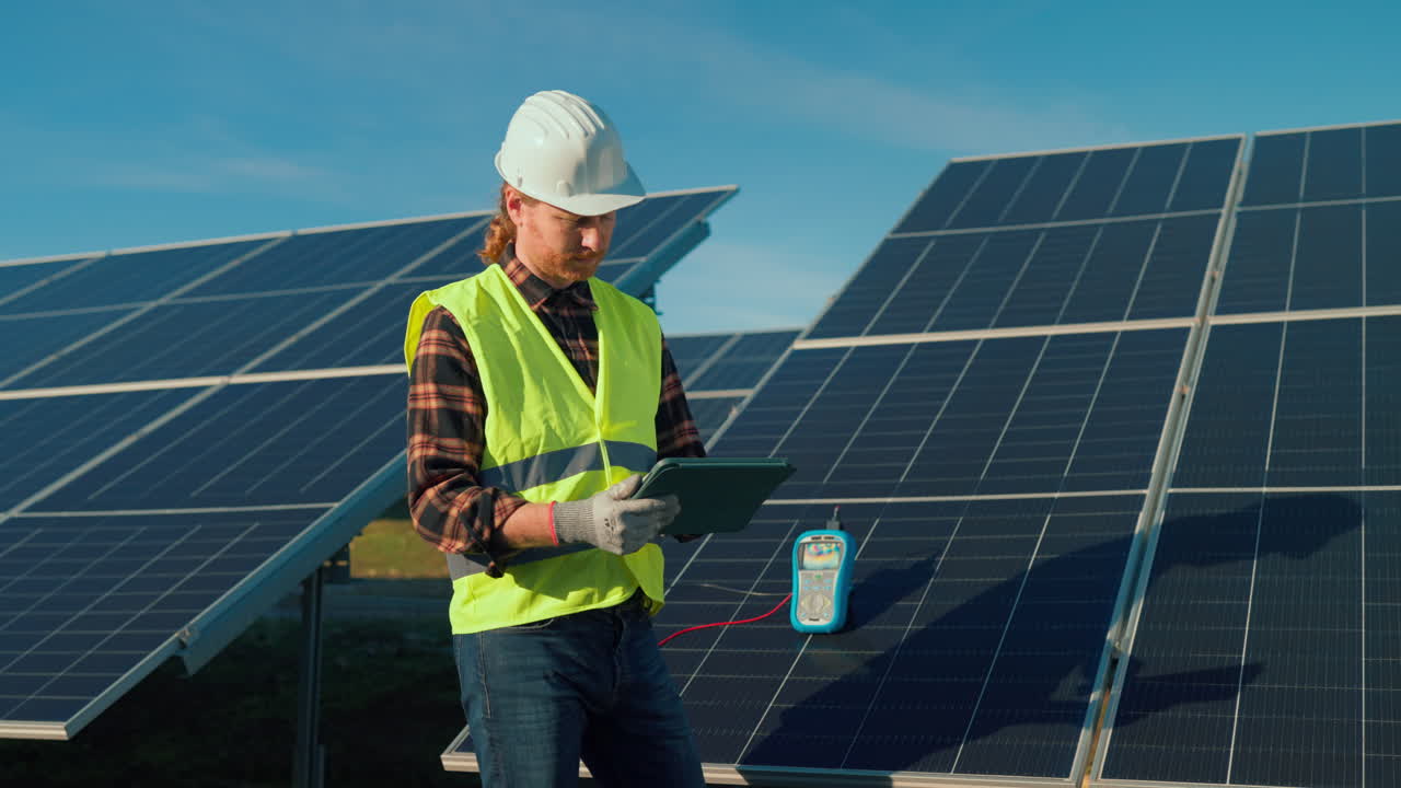 Engineer inspecting solar panels