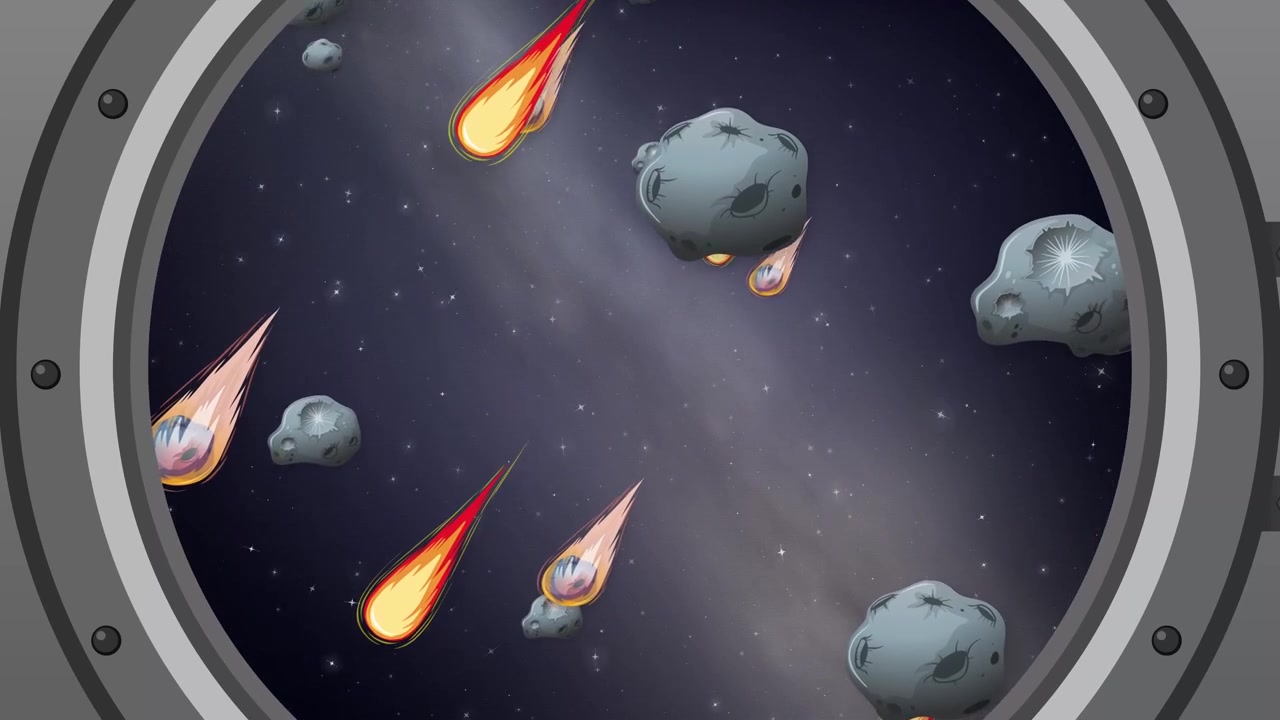 Animated view through a round spacecraft porthole looking out at falling asteroids and burning comets.