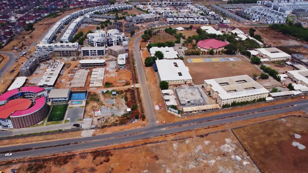 Beautiful aerial of Godab Estate, a luxurious suburban neighborhood in Abuja, Nigeria. A new block of expensive homes is being built in the beautiful area