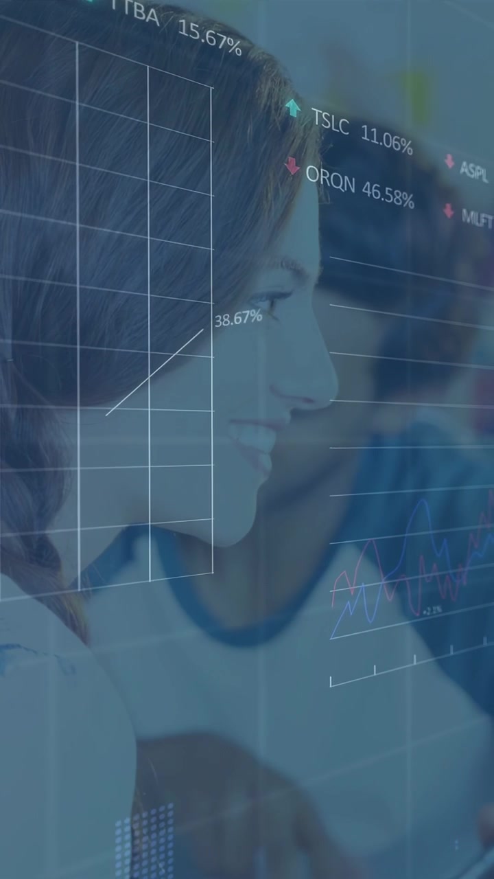Vertical video: Man leaning on tablet, finance charts animating across faces, woman joining review