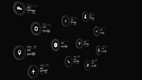 Animation of icons with data processing on black background