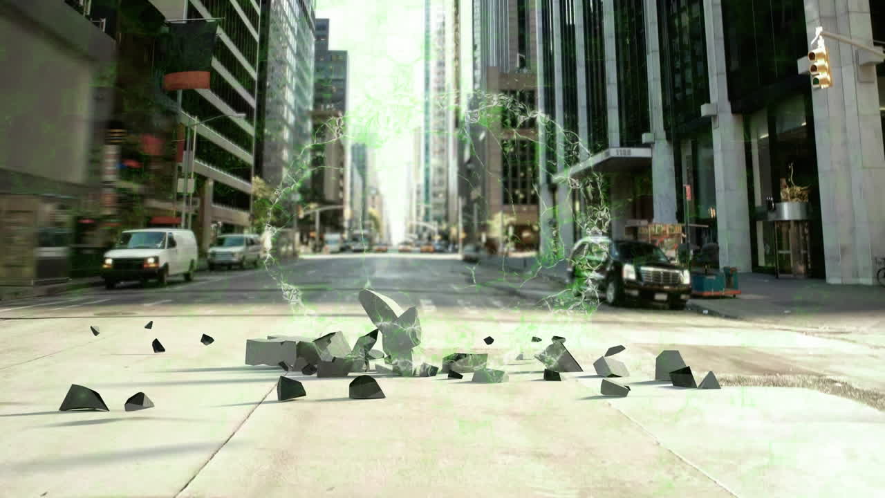 유로 기호와 도시 풍경을 무너뜨리는 인간의 두뇌의 애니메이션