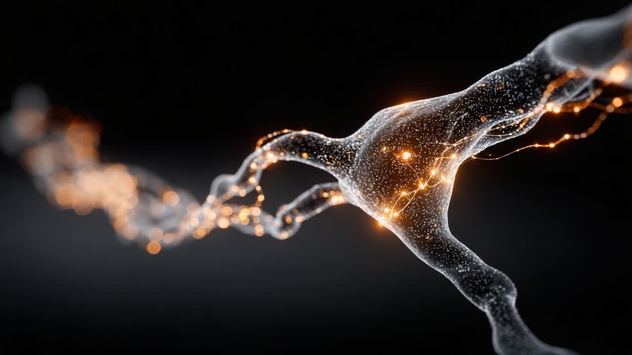 En fængslende visualisering af en neural netværksforbindelse, der viser det dynamiske samspil mellem neurale baner og informationsflowet på en smukt oplyst, abstrakt måde.