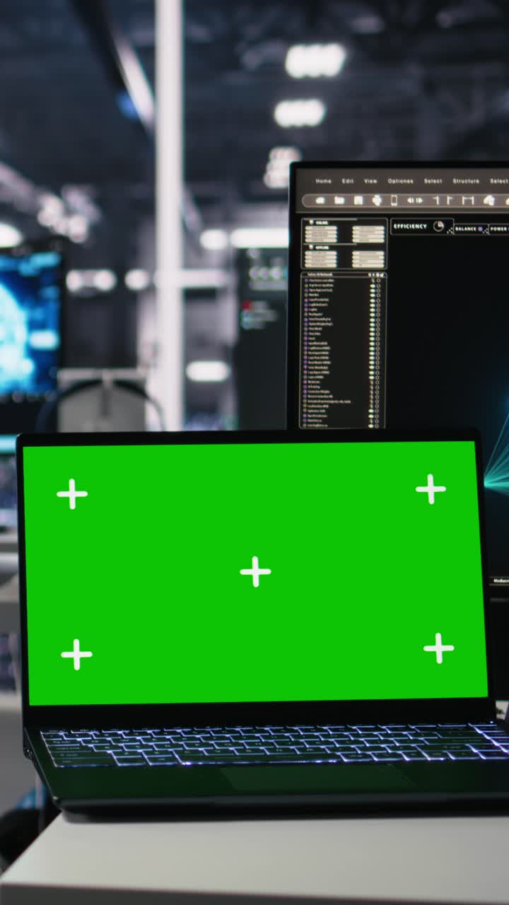 Vertical video Data center engineer working on neural network on chroma key laptop