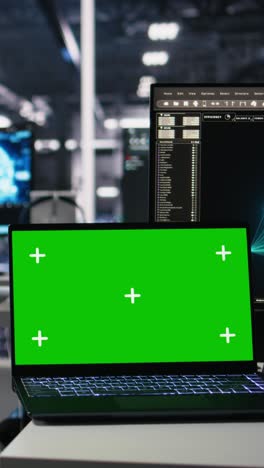 vertical video data center engineer working on neural network on chroma key laptop