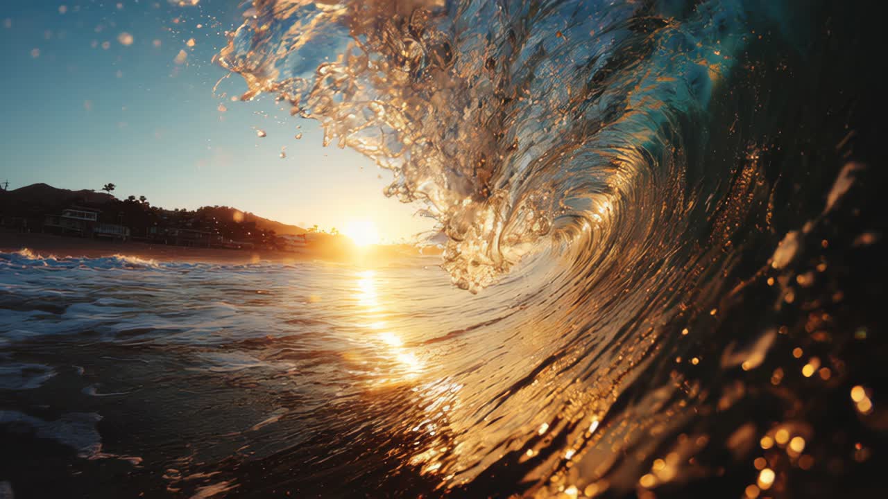 Sunset wave breaking on shore dramatic ocean splash
