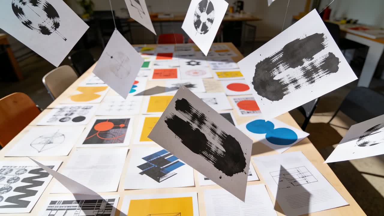 Gentle draft moving hanging black-brush cards over wooden table in design studio, revealing prints