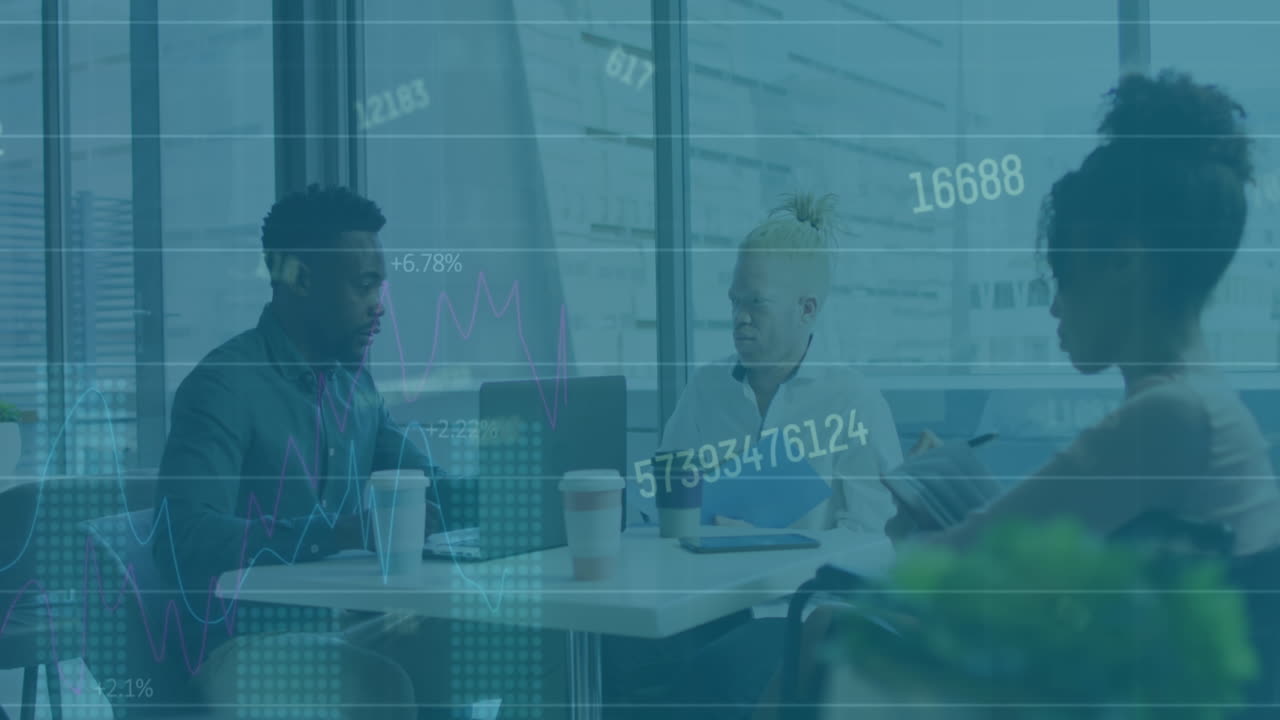 Animation of financial data processing over diverse business people working at office