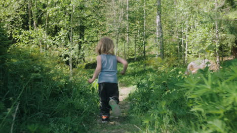child plays outside and runs on path through lush woodland in summer, follow cam