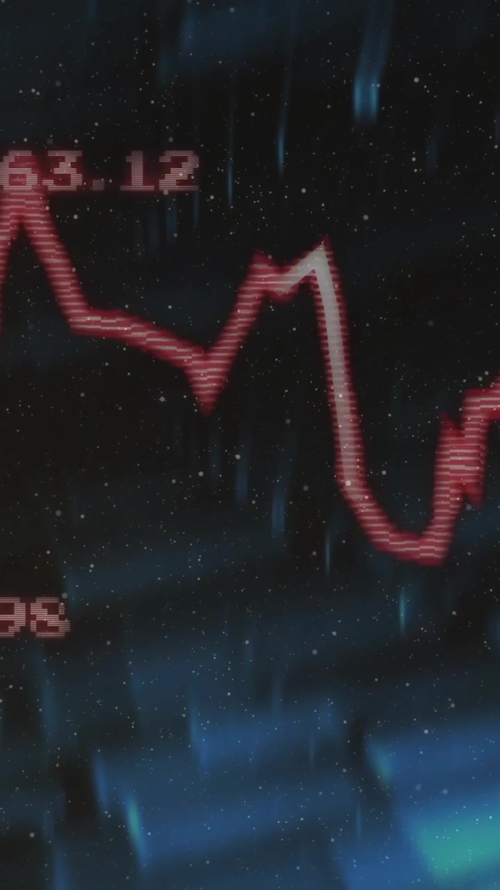 Animation of fluctuating stock market graph with red numbers on dark background