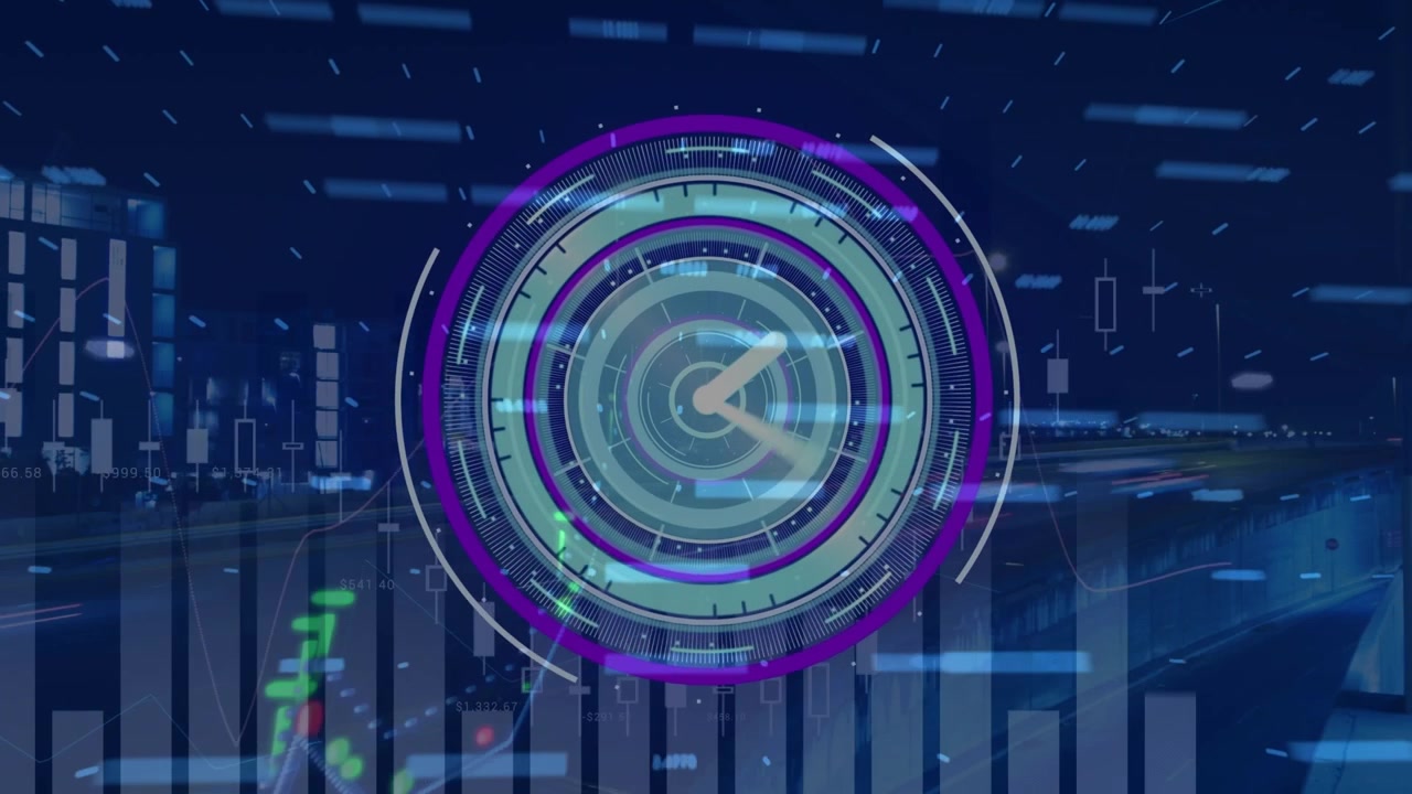 Animation of data processing and clock over cityscape