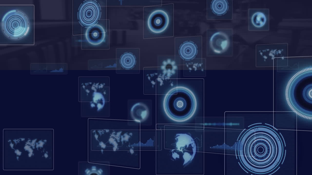 Digital animation with world maps and target symbols over dark blue background