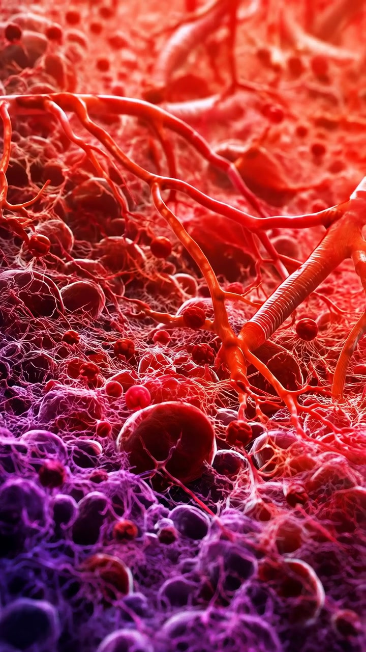 Slow forward movement shifts focus from violet foreground structures toward red vessel branches, revealing rounded forms among dense web-like filaments and textured tissue.