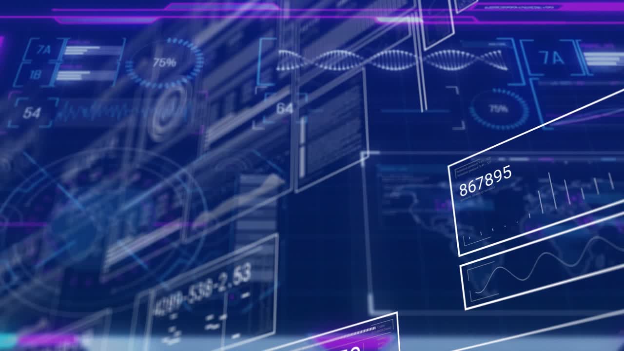 On opening 3D UI gauges appearing and wireframe grid animating sliding panels visualizing metrics