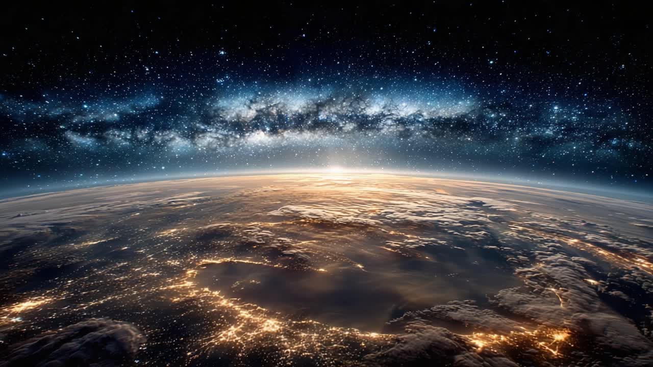 Atemberaubender Blick auf die Erde aus dem Weltall: Ein beeindruckender Anblick des Nachthimmels, erleuchtet von Stadtlichtern und der Milchstraße am Horizont.