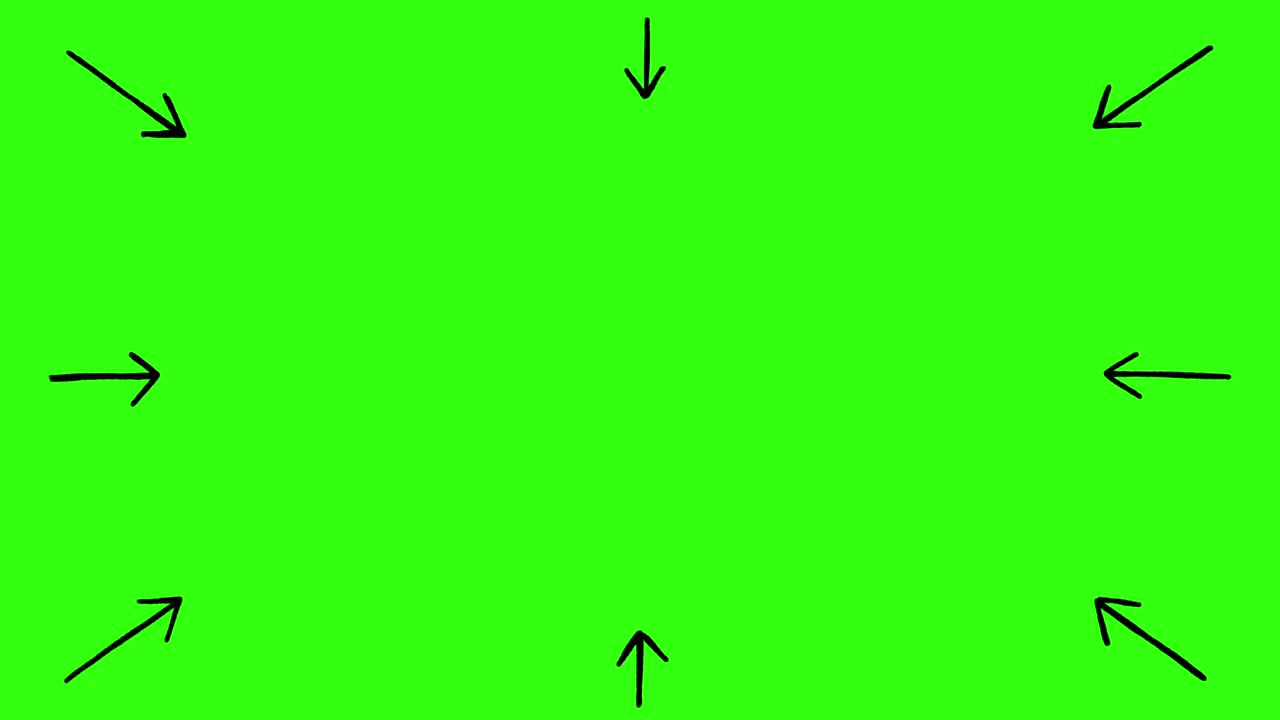 Hand drawn doodle arrows animation, frame of sketched arrows pointing to the middle of a chroma green background
