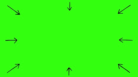 hand drawn doodle arrows animation, frame of sketched arrows pointing to the middle of a chroma green background